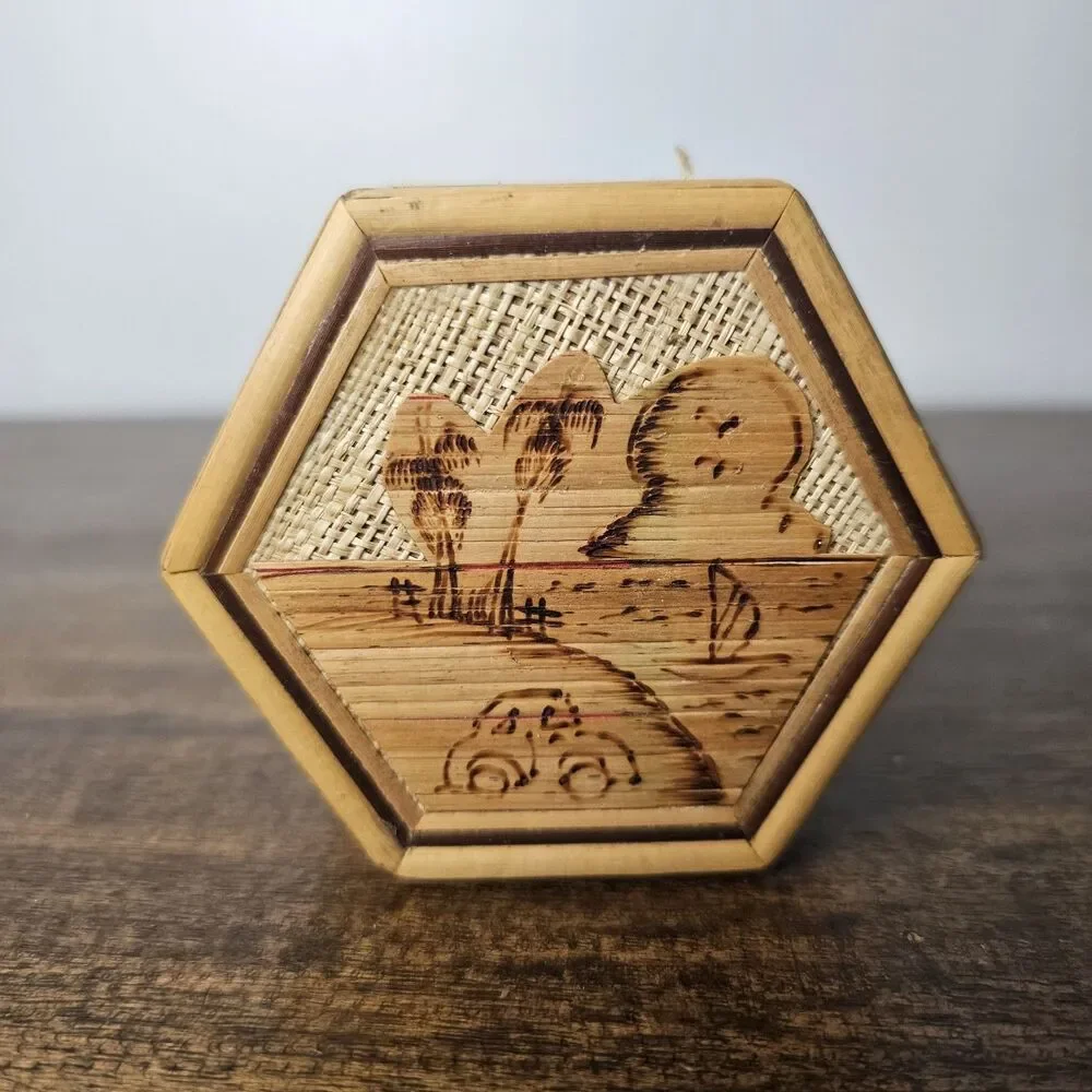 Small Vintage Woven Bamboo Hexagon Box Pyrography Red Velvet
